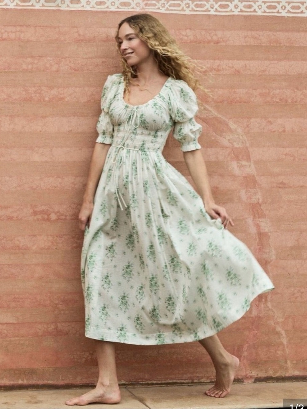 Doen ischia Cream Midi Dress with Sage Floral Print